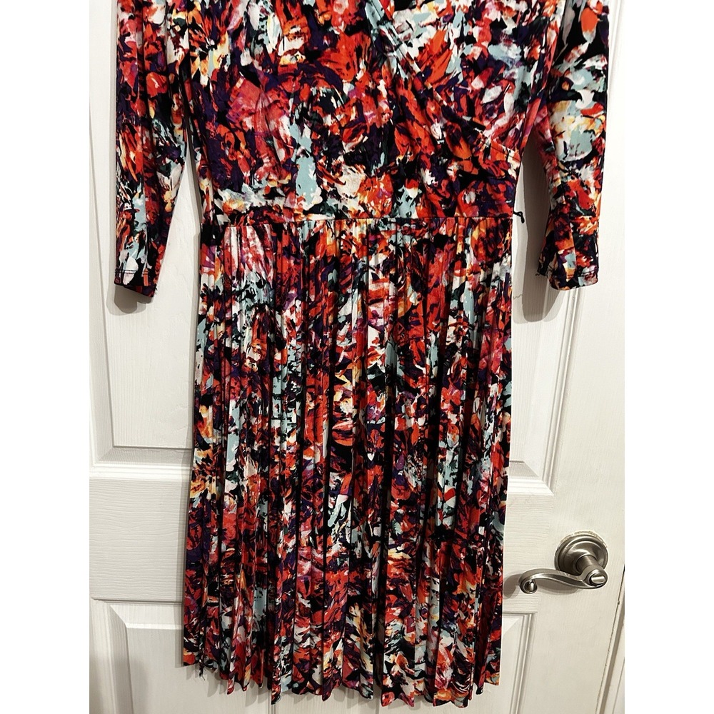 Maggy London dress 4P Wrap Drape Pleated Floral Print Long Sleeve V-Neck Stretch - Picture 4 of 8